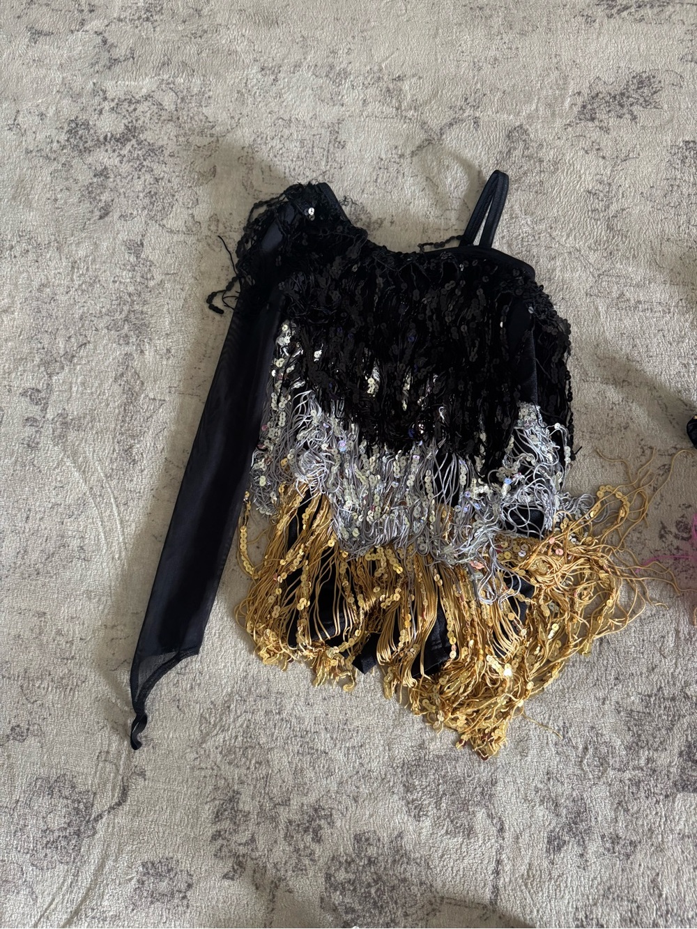 Weissman Black Sequin One-Shoulder Dance Costume with Gold & Silver Fringe - IC